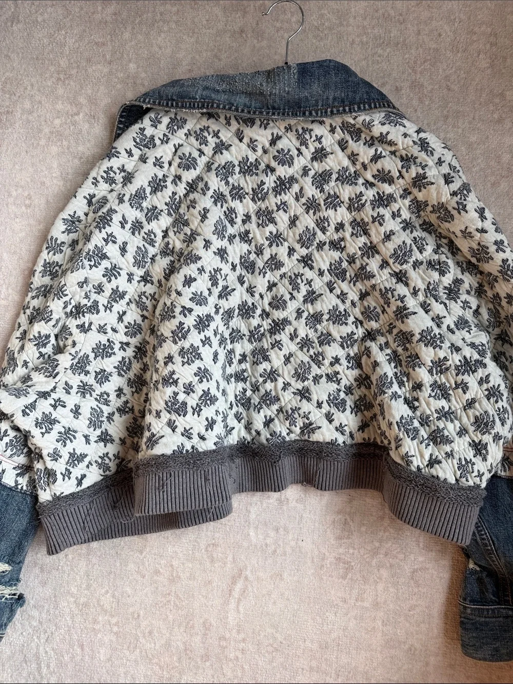 Free People White Ditsy Print Quilted Denim Jacket - Picture 3 of 4